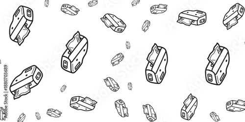 Retro-inspired, minimalist pattern of scattered digital cameras in a playful, white background illustration