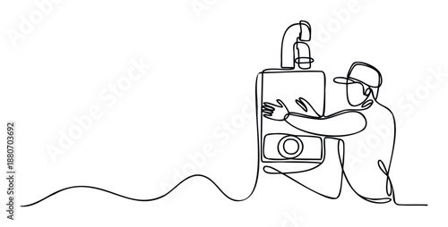 Professional technician performing maintenance or repair on a water heater or boiler with a faucet, depicted in a stylish continuous line drawing suitable for service industry promotions