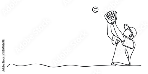 Dynamic continuous line drawing of a baseball player wearing a cap and glove, expertly catching a ball in midair, perfect for sports event promotions and athletic training program