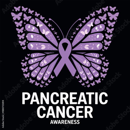 Pancreatic Cancer Awareness Purple Ribbon Butterfly Illustration. Pancreatic Cancer Awareness T-shirt Design with Purple Butterfly. Hope and Support Pancreatic Cancer Awareness Butterfly Illustration.