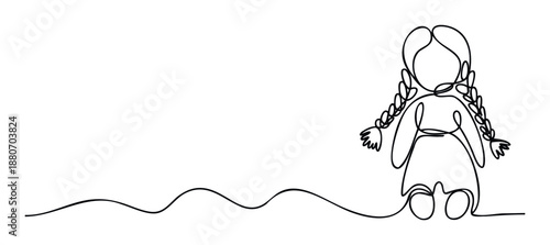 Minimalist continuous line drawing of a charming young girl with braided pigtails creating a sense of innocence and simplicity perfect for childrens books, educational materials, or graphic