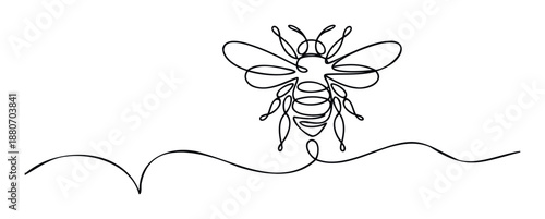 Abstract continuous line drawing of a honey bee in flight, perfect for environmental awareness campaigns, natural product packaging, or modern graphic elements.