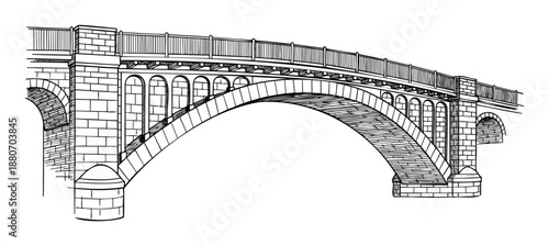 Classic stone arch bridge with a sturdy railing in a detailed black and white line drawing style, perfect for architectural visualization and historical transportation infrastructure