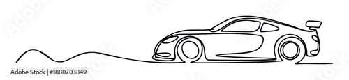 Dynamic continuous line drawing of a sleek sports car or racing vehicle, perfect for automotive enthusiasts, marketing materials, or speed related graphic compositions