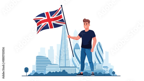 Illustration of a man holding a British flag in front of a stylized London cityscape with a modern architectural silhouette.
