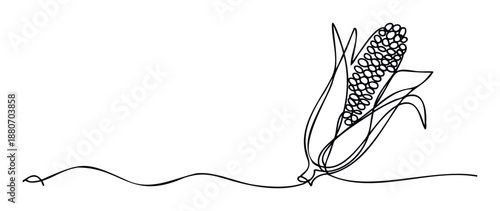 Continuous line drawing of a fresh ear of corn with husks, perfect for foodrelated projects, agricultural themes, healthy lifestyle blogs, or cooking recipe layouts.