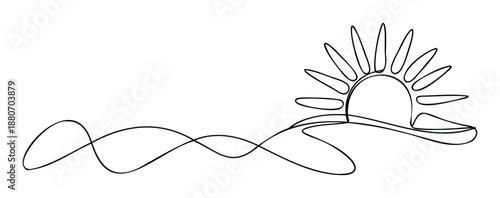 Minimalist single line drawing depicting a stylized sun with rays emerging above a gentle rolling landscape or horizon, perfect for branding, nature themes, or serene visual content.