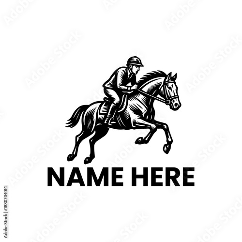 Dynamic monochrome illustration of an equestrian horse and rider jumping, showcasing the power and elegance of the sport. Perfect for branding and graphic design