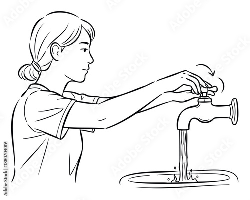 A young Asian woman is turning on a water tap above a sink, illustrating concepts of daily hygiene, water usage, and environmental responsibility, suitable for educational materials or