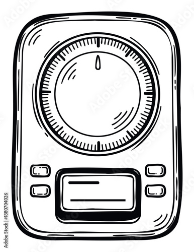 Black and white handdrawn kitchen timer with an analog dial and digital display is perfect for culinary websites, food preparation guides, or recipe book covers.
