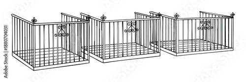 Decorative black outline drawing of multiple identical metal balcony railings or window guards featuring elegant ornamental scrollwork for architectural design and building exterior projects