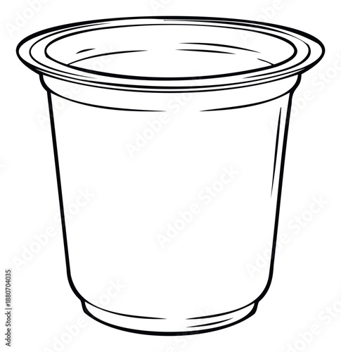 Line drawing of an empty plastic cup for various liquids or food items provides a versatile graphic asset for branding, product display, and conceptual presentations.