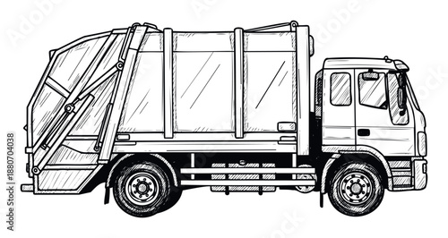 Modern garbage truck drawing for urban waste management and public service projects, perfect for environmental awareness campaigns and city infrastructure visuals