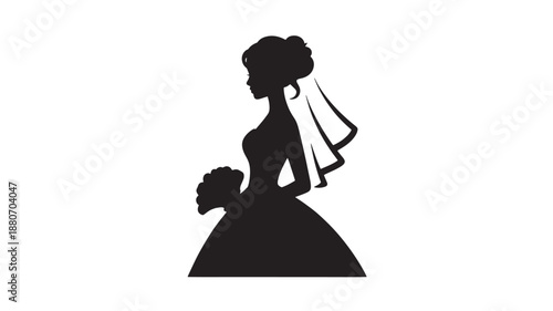 Bride silhouette in elegant wedding dress with flowing veil in soft black and white illustration for wedding invitation