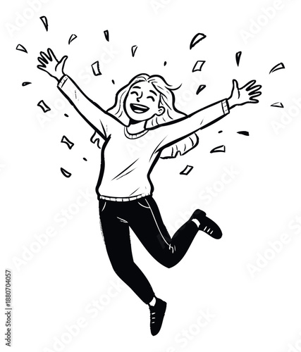 Happy young woman jumping enthusiastically in the air with arms spread wide, celebrating success or feeling joyful, suitable for themes of achievement, happiness, and freedom.
