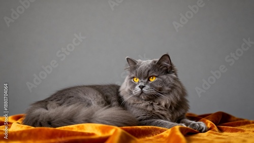 Gray cat with yellow eyes on orange fabric