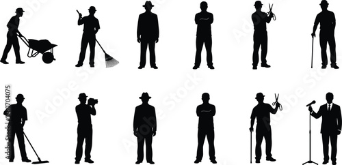 Set of black male worker and professional silhouettes isolated on white background, people in different occupations, service jobs, business, labor, and career roles illustration.