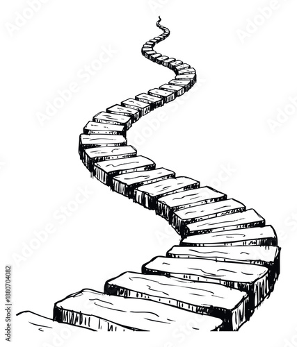 Hand drawn winding pathway constructed from individual wooden steps ascending an unseen incline, perfect for conveying concepts of journey, opportunity, or strategic advancement.