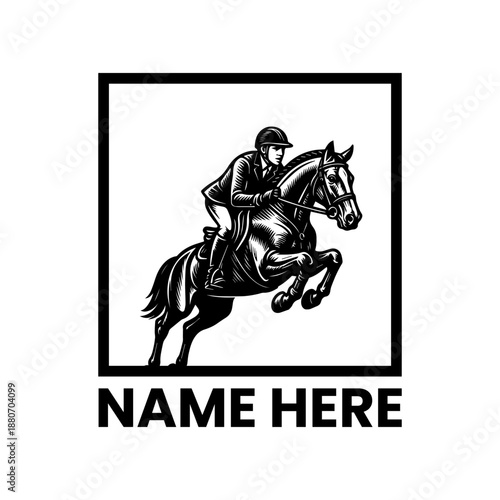 Dynamic black and white logo design featuring an equestrian rider and horse mid-jump, symbolizing power, agility, and the thrill of show jumping competition, perfect for sport branding