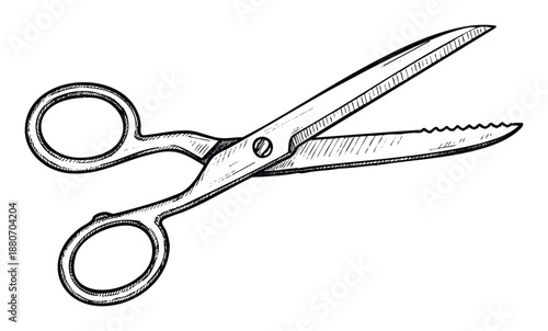 Hand drawn sketch of open pinking shears, an essential tool for textile and craft projects, ideal for educational materials or fabric related businesses and promotions.