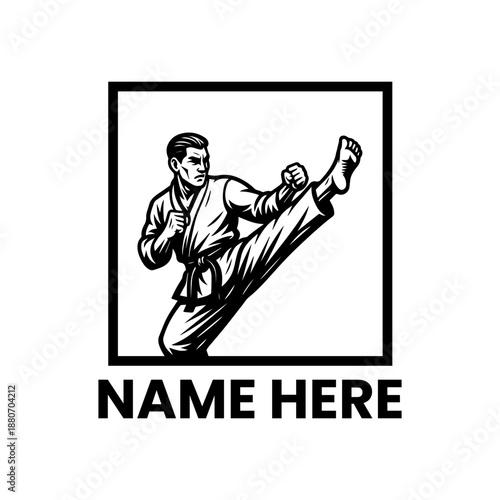 Martial Arts Master Performing Dynamic High Kick in Karate Gi Logo Design