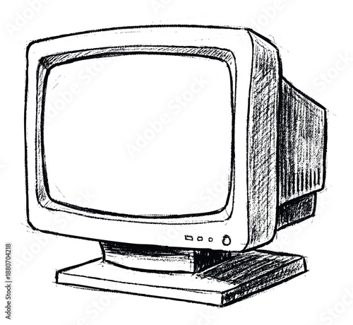Hand drawn cathode ray tube computer monitor graphic providing a distinct vintage technology aesthetic for educational content, historical documentaries, or retro themed digital media