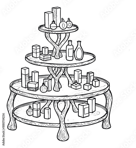 Elegant tiered display stand with various perfume bottles and cosmetic boxes perfect for showcasing luxury beauty products or retail shop promotions