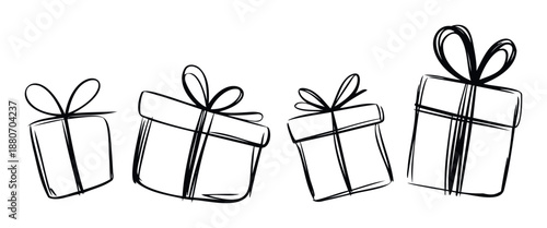 Simple hand drawn sketch of various gift boxes with decorative bows perfect for adding a celebratory touch to seasonal greetings or event promotions