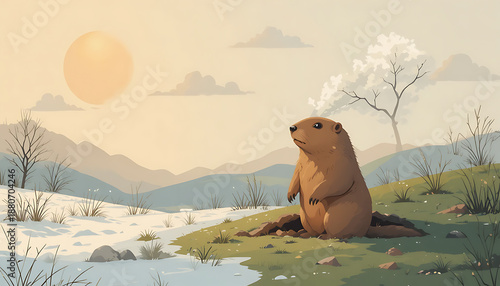 A wild furry brown bear mammal and a cute baby marmot sit on a rock amidst the nature of the snowy mountains wildlife