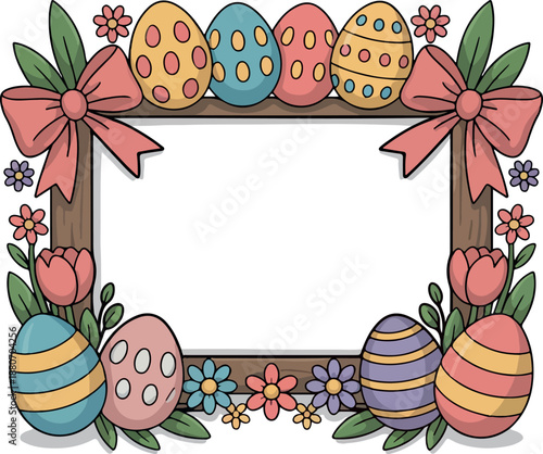 Easter Decorative Frame with Colorful Eggs and Spring Flowers. 