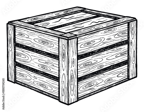 A detailed hand drawn black outline of a sturdy wooden crate featuring natural wood grain texture ideal for packaging illustrations and vintage supply storage concepts in graphic projects