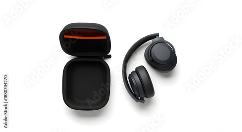 Headphones with music isolated on white background. Bluetooth headphones.