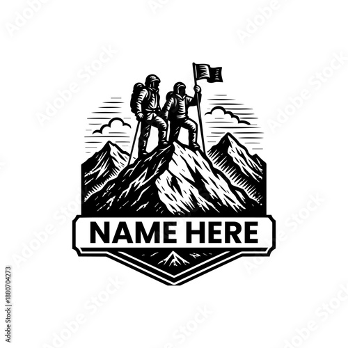 Summit victory Two adventurers plant flag atop majestic mountain peak, celebrating achievement and exploration with a brand-ready emblem