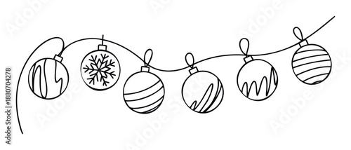 Continuous line drawing of a Christmas ornament garland featuring various decorative baubles hanging on a string, perfect for holiday greetings or festive season celebration graphics.