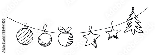 Minimalist line drawing of holiday ornaments stringed together including decorative spheres star shapes and a classic Christmas tree ideal for festive web headers and seasonal print media.