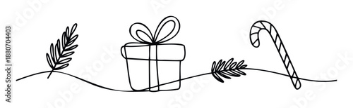 Minimalist black outline drawing of Christmas elements including a gift box, leaf branches, and a candy cane connected by a continuous line for holiday greeting decor and festive seasonal