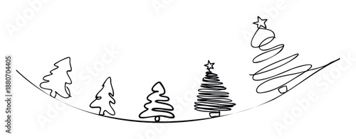 Modern continuous line drawing of evolving Christmas trees with stars, perfect for contemporary holiday greetings, seasonal promotions, and minimalist winter celebration announcements.