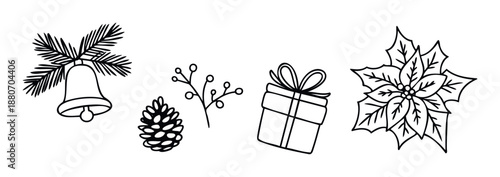 Collection of delightful hand drawn Christmas and winter holiday symbols showcasing a festive bell, pine cone, berry sprig, wrapped gift, and poinsettia blossom for seasonal projects.