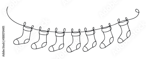 Continuous line drawing of Christmas stockings hanging on a string, perfect for festive holiday season designs, winter celebration invitations, and greeting publications.