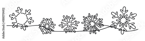 Continuous line drawing of an elegant snow flurry featuring various unique snowflakes connected by a flowing single line, ideal for winter holiday greeting cards, festive event invitations,