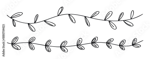 Minimalist hand drawn line borders with delicate stylized leaves perfect for elegant wedding invitations, greeting cards, or subtle decorative accents in print and digital media.