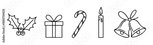 Classic holiday symbols presented as charming line icons perfect for festive digital graphics, seasonal greeting material, or cheerful winter event promotions