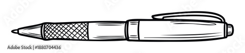Detailed black and white sketch of a ballpoint pen with a textured grip and cap, perfect for stationery, office, education, or writingrelated graphic projects and supplies.