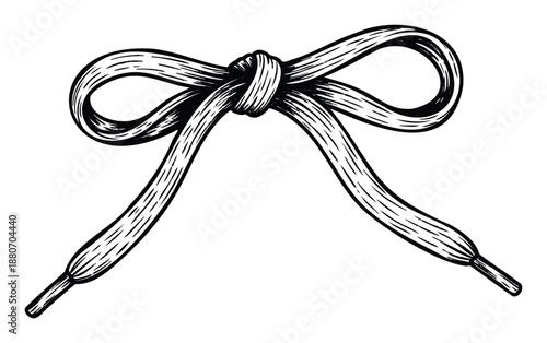 Classic handdrawn black and white shoelace bow illustration perfect for apparel branding, fashion accessory designs, or vintage shoe store signage