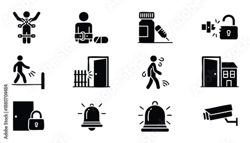 Essential glyph icons for security, surveillance, restriction, and healthcare scenarios, perfect for user interface applications and informational graphics