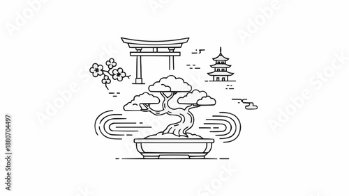 Japanese Zen Garden Bonsai Tree Torii Gate Pagoda Illustration.