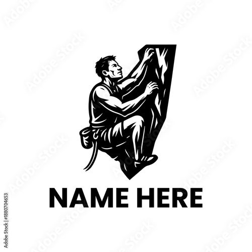 Dynamic vector illustration of a determined man rock climbing a rugged cliff, embodying the spirit of outdoor adventure, extreme sport, strength, and resilience