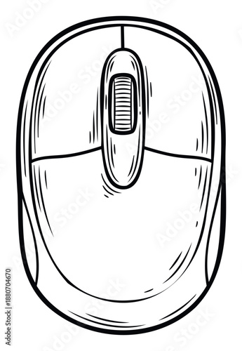 Stylized drawing of a modern computer mouse with scroll wheel, perfect for technology related advertisements, educational materials, and office supply webstores.