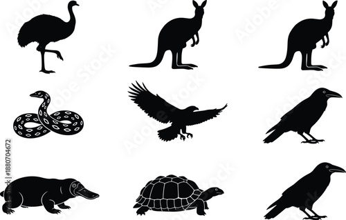 Australian wildlife silhouette collection featuring emu, kangaroo, snake, eagle, crow, platypus and turtle in black vector animal icon set