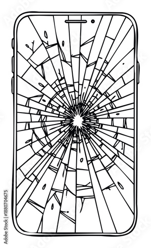 Smartphone with a shattered cracked screen featuring a radial impact point, perfect for technology repair and accident liability presentations or digital safety awareness campaigns.